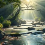 Patak a napfényben, érzelmi áramlás és lelki tisztulás szimbóluma.