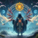 Misztikus alak álruhában csillagok alatt, szimbolikus elemekkel.