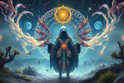 Misztikus alak álruhában csillagok alatt, szimbolikus elemekkel.