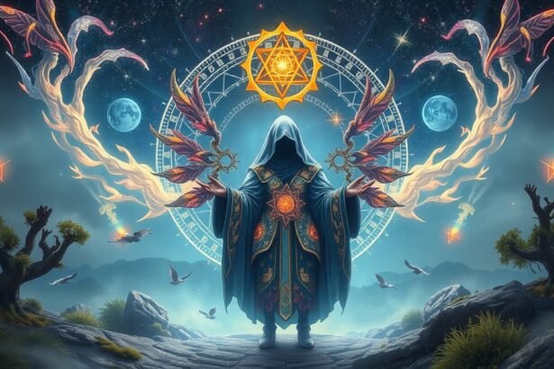Misztikus alak álruhában csillagok alatt, szimbolikus elemekkel.