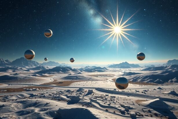 Álom a távoli tájról, fényes napfénnyel és lebegő golyókkal.