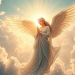 Angyali alak a felhők felett, imára összefont kezekkel.