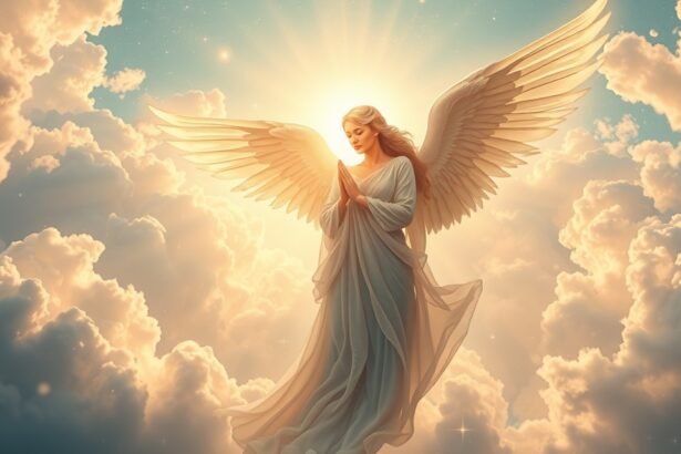 Angyali alak a felhők felett, imára összefont kezekkel.