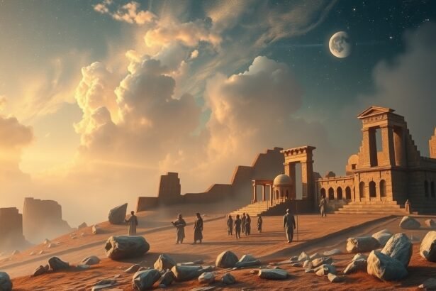 Álomfejtés antik tárgyakkal egy titokzatos tájban.