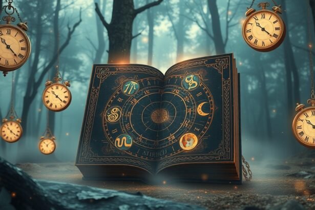 Nyitott könyv álomfejtésről, asztrológiai szimbólumokkal és órákkal.