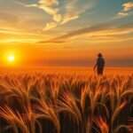 Ember a naplementében aratási mezőn, álombeli szimbólumokkal