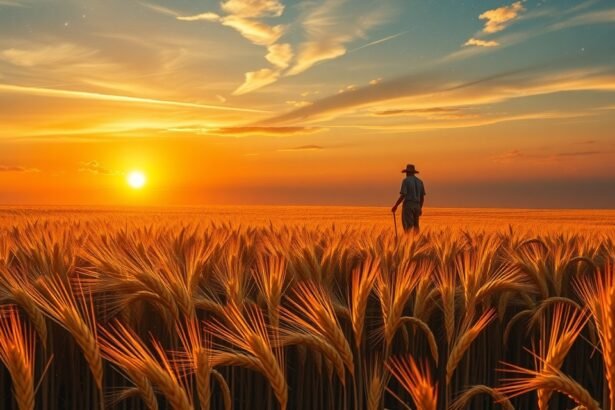 Ember a naplementében aratási mezőn, álombeli szimbólumokkal