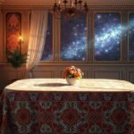 Elegáns asztal terítve virágokkal, űr látványával.