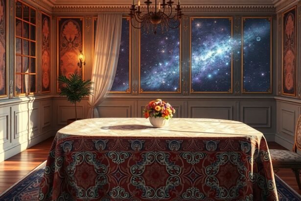 Elegáns asztal terítve virágokkal, űr látványával.