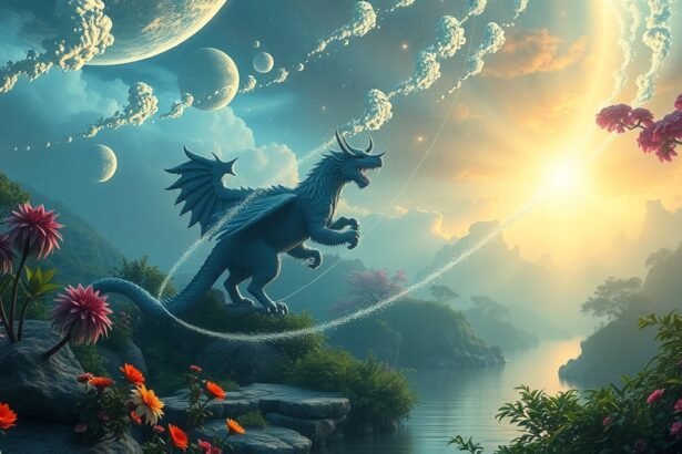 Kék sárkány az Édenben, színes virágokkal és bolygókkal a háttérben.