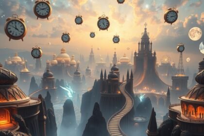 Szürreális tájóra álmodott jövő és idő szimbólumokkal.