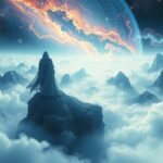 Álmodó alak a felhők felett egy hegy csúcsán, csillagokkal körülvéve.