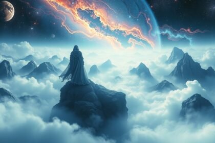 Álmodó alak a felhők felett egy hegy csúcsán, csillagokkal körülvéve.