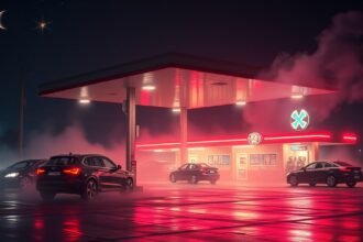 Benzinkút álomfejtés éjszakai látványban, energia és erőforrások szimbóluma.