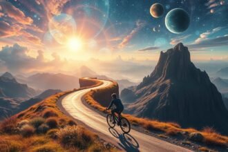 Álom biciklivel egy gyönyörű tájban, szimbolizálva a mozgást és a szabadságot.