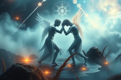 Két angyal birkózik, szimbolizálva a belső konfliktusokat