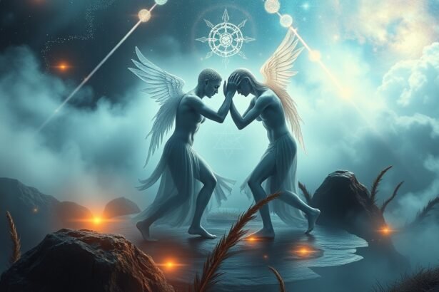 Két angyal birkózik, szimbolizálva a belső konfliktusokat
