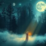 Bűnbánatról álmodó nő a csillagfényes erdőben.
