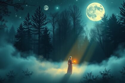 Bűnbánatról álmodó nő a csillagfényes erdőben.