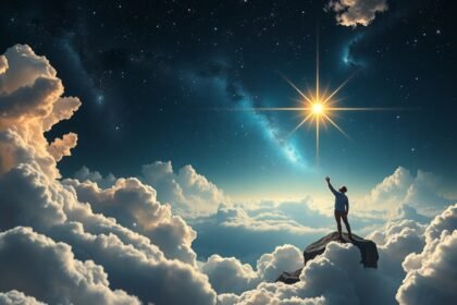 Férfi álmodik a cél eléréséről a csillagos égen