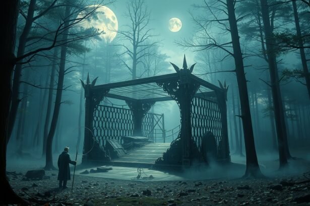 Álombeli csapda a sűrű erdőben, titokzatos hangulattal.