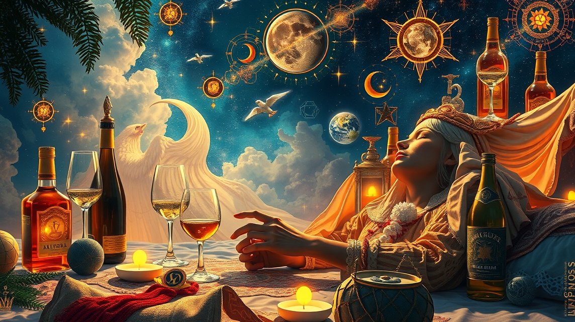 Nő álmodozik, körülötte alkohol és szimbolikus elemek.