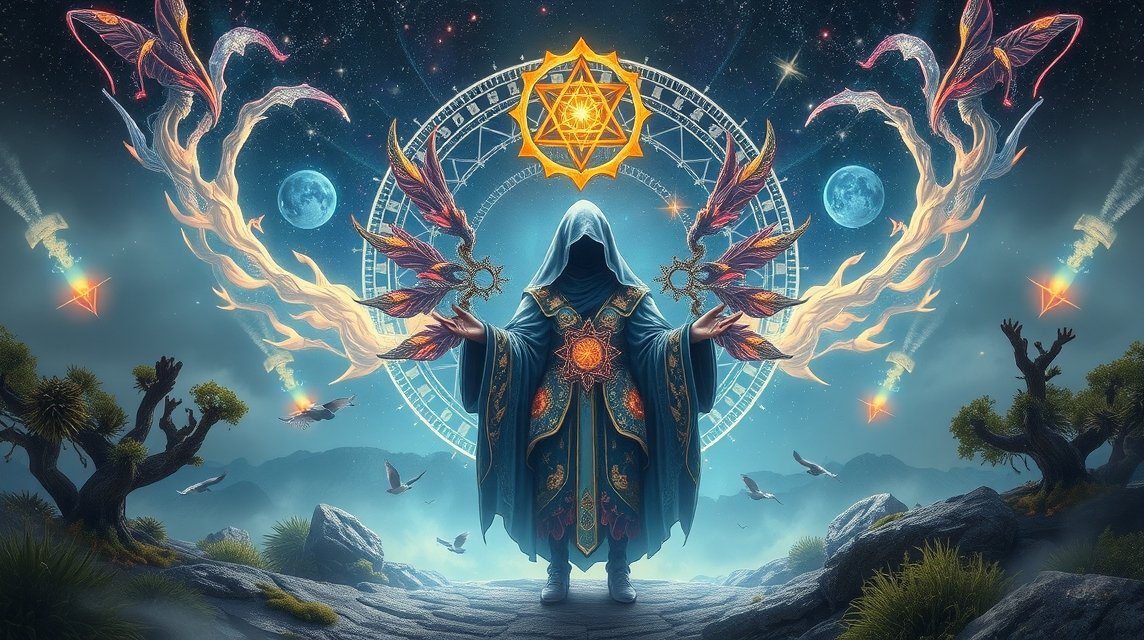 Misztikus alak álruhában csillagok alatt, szimbolikus elemekkel.