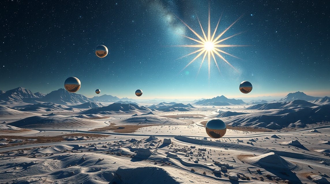 Álom a távoli tájról, fényes napfénnyel és lebegő golyókkal.