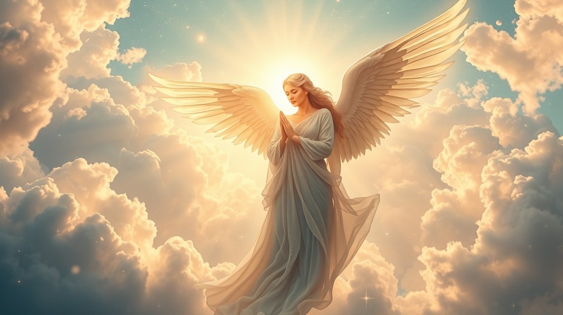 Angyali alak a felhők felett, imára összefont kezekkel.