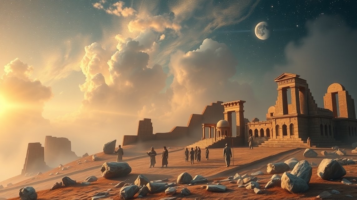 Álomfejtés antik tárgyakkal egy titokzatos tájban.