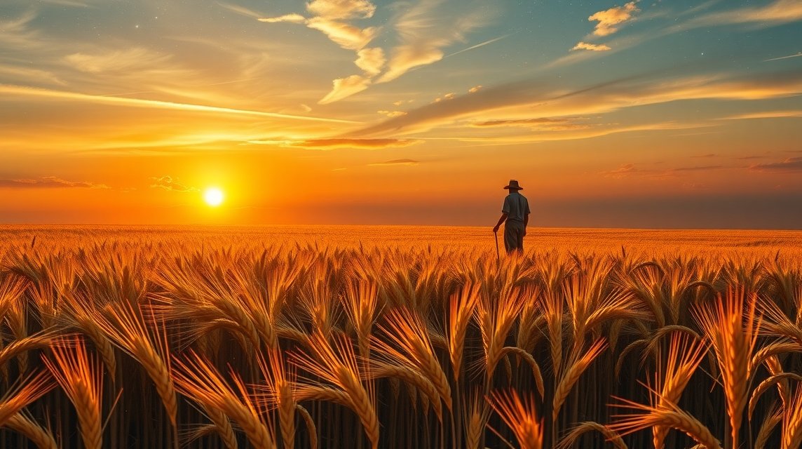 Ember a naplementében aratási mezőn, álombeli szimbólumokkal