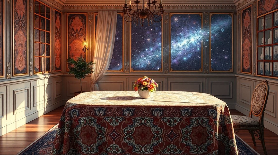 Elegáns asztal terítve virágokkal, űr látványával.