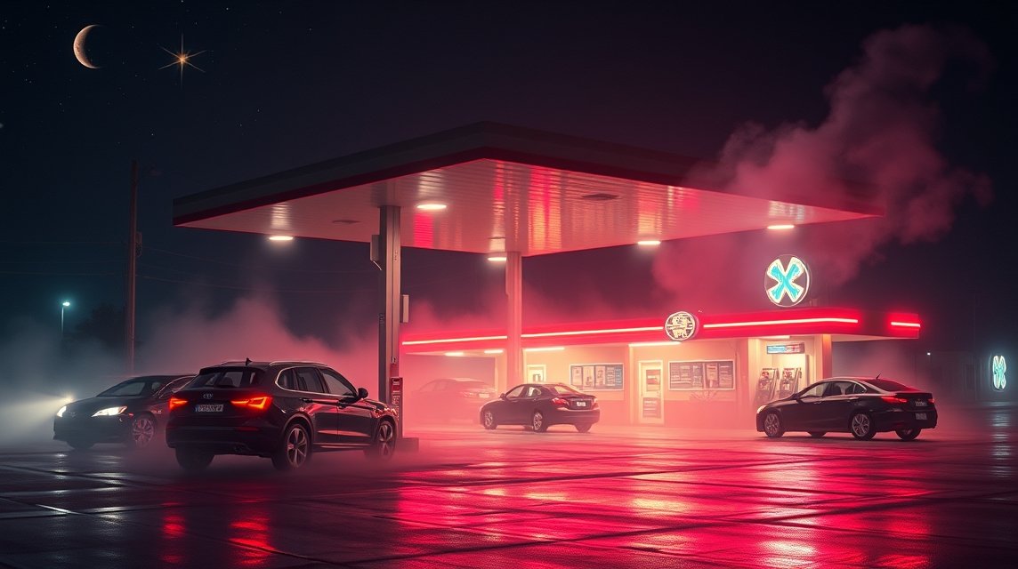 Benzinkút álomfejtés éjszakai látványban, energia és erőforrások szimbóluma.