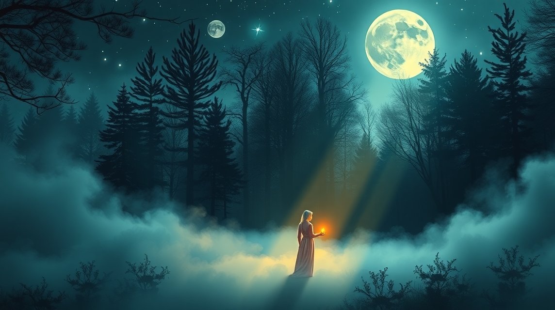 Bűnbánatról álmodó nő a csillagfényes erdőben.