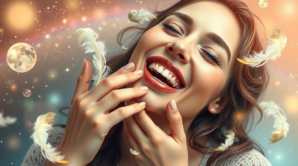 Boldog nő csiklandozással álmodik, játékos érzésekkel.