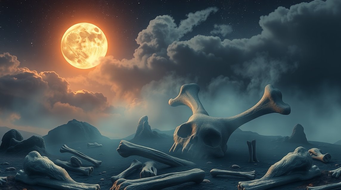 Álombeli csontok egy holdfényes éjszakán, szimbolikus jelentések.