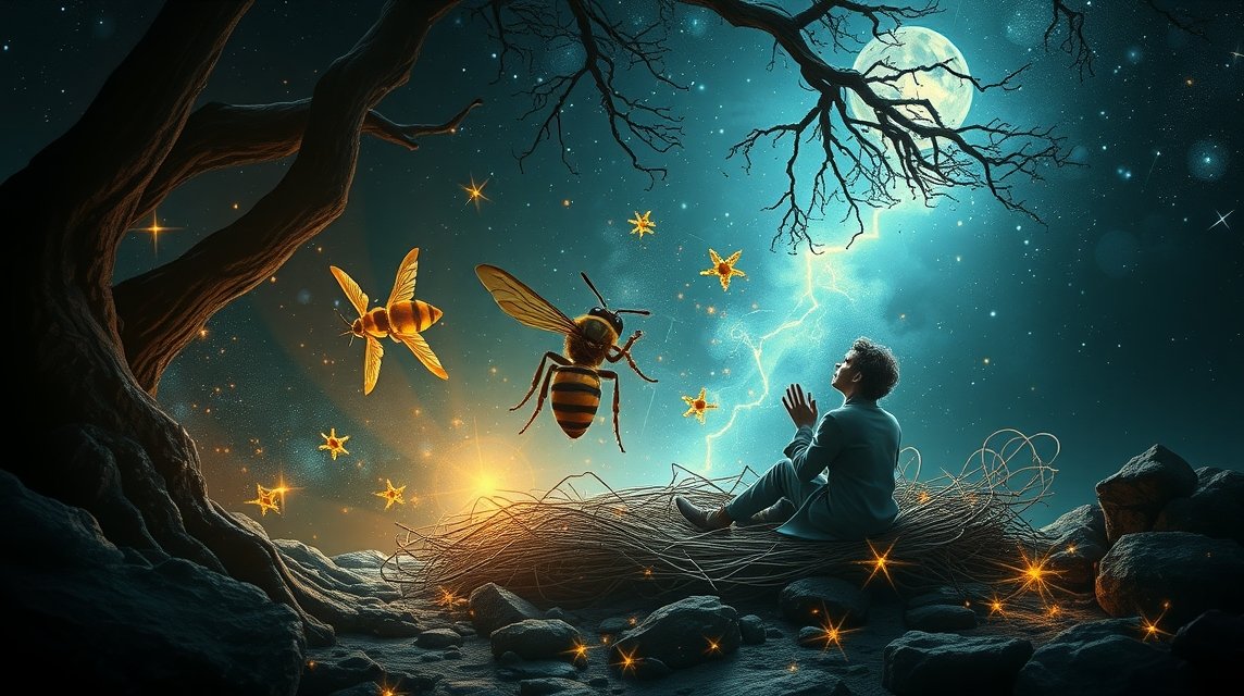 Darázsfészekkel álmodó figura, éjszakai táj, pszichológiai szimbólumok