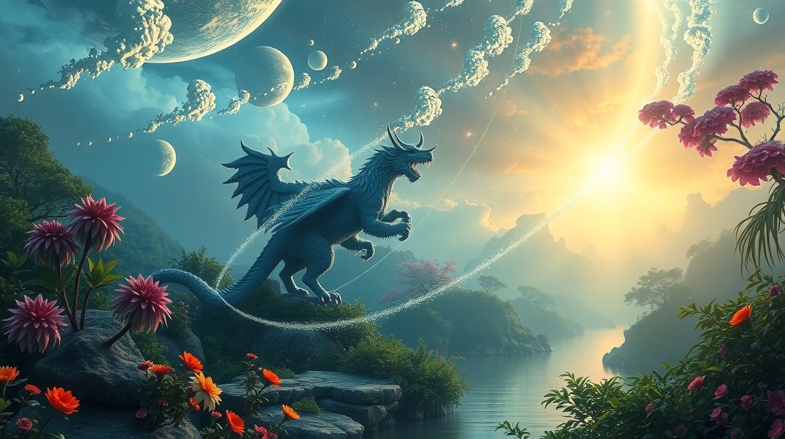 Kék sárkány az Édenben, színes virágokkal és bolygókkal a háttérben.