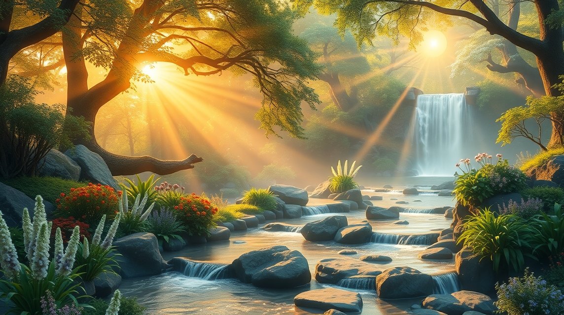 Mit jelent az egészségről álmodni? – Online álomfejtések és gyógyulási értelmezések. Természetes táj vízeséssel és napfénnyel, álomfejtés kontextusban.