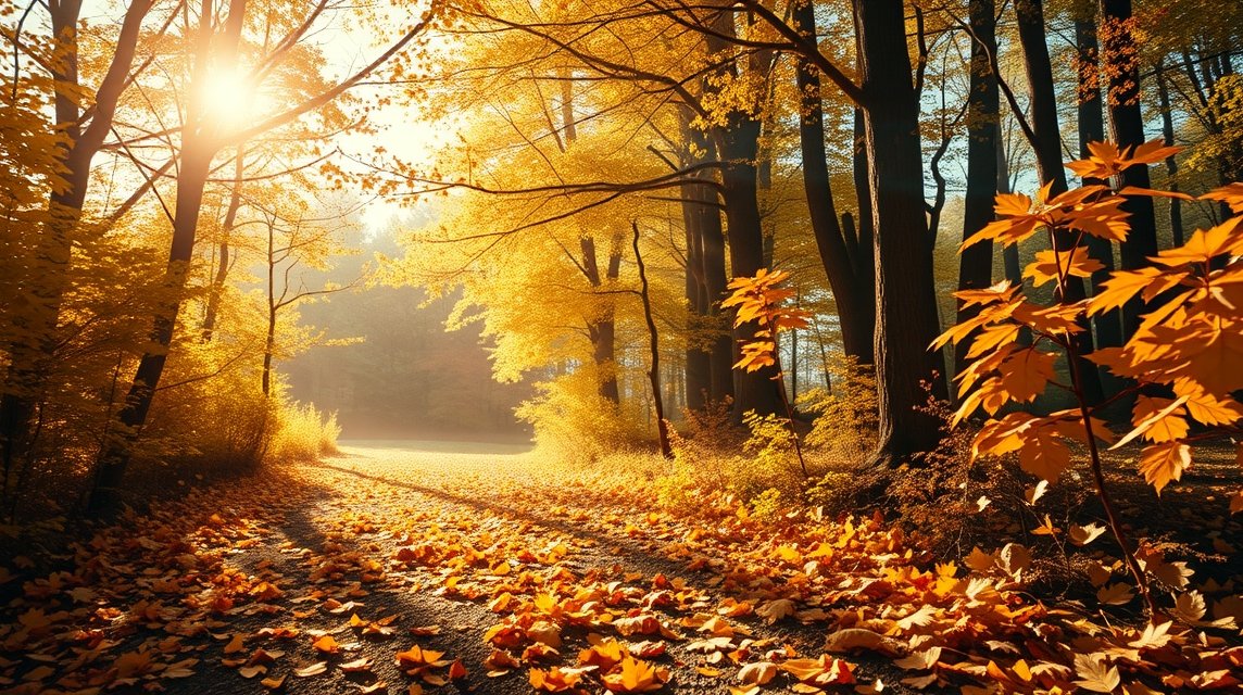 Őszi falevelek és napsütés egy erdőben, álomfejtés szimbólumai.