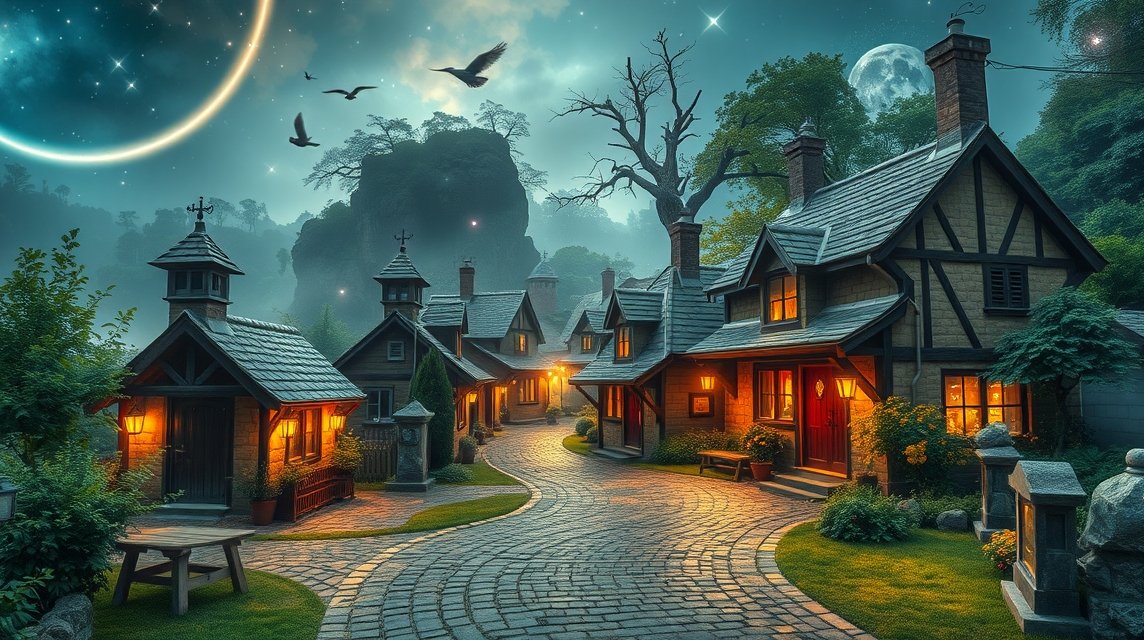 Álomszerű falu csillagokkal és holdfénnyel