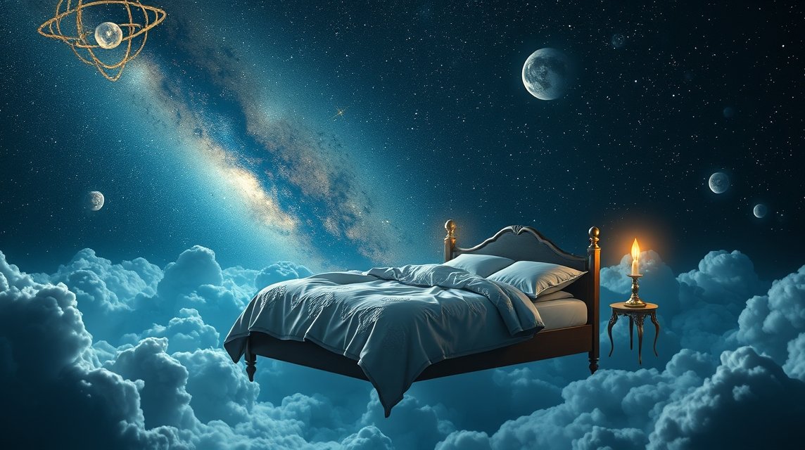 Fekhely az álmok világában, csillagok között, pihenés és biztonság szimbólumával.