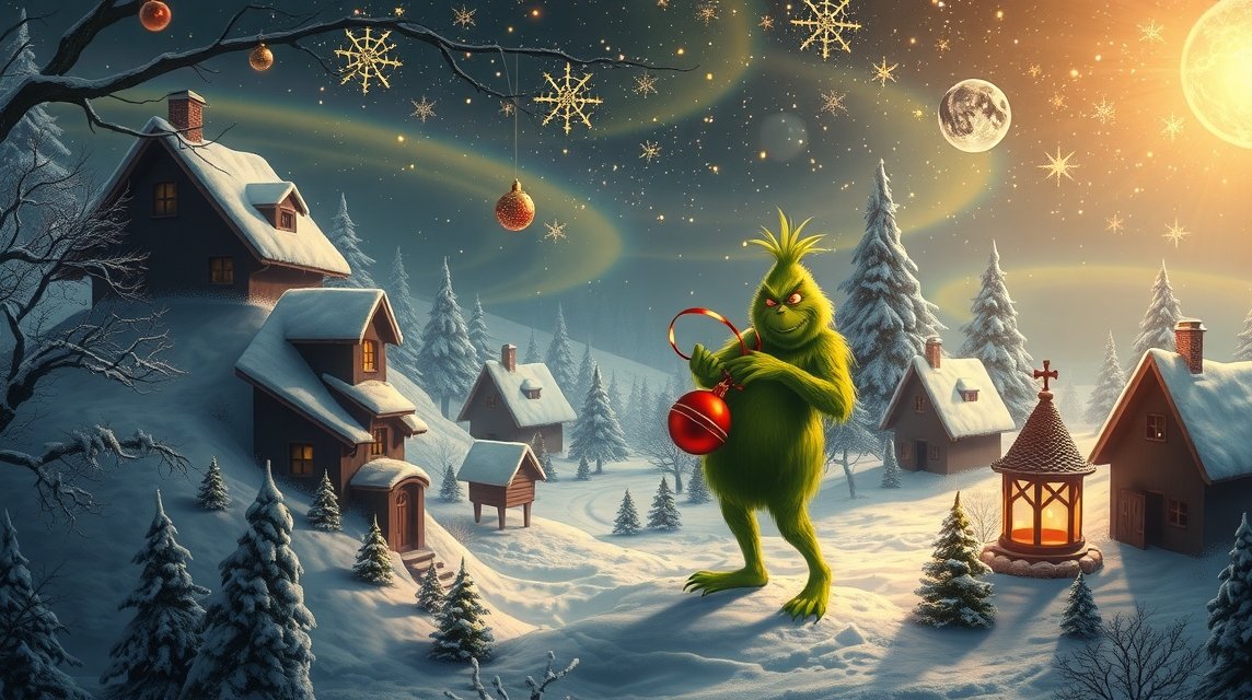 Grincs a havas tájban, karácsonyi dekorációval és örömteli hangulattal.