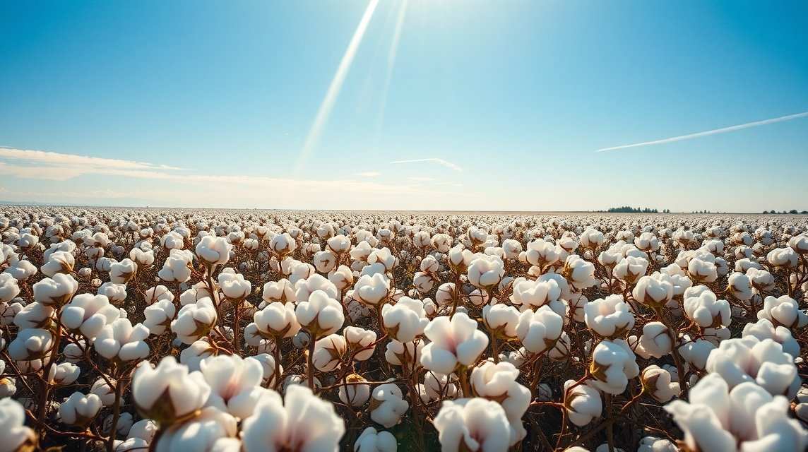 Gyönyörű gyapotföld napfényben, bőség és termékenység szimbolikája.