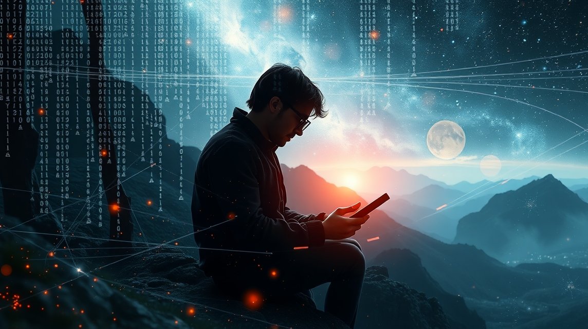 Fiatal férfi hackerrel álmodik digitális térben.