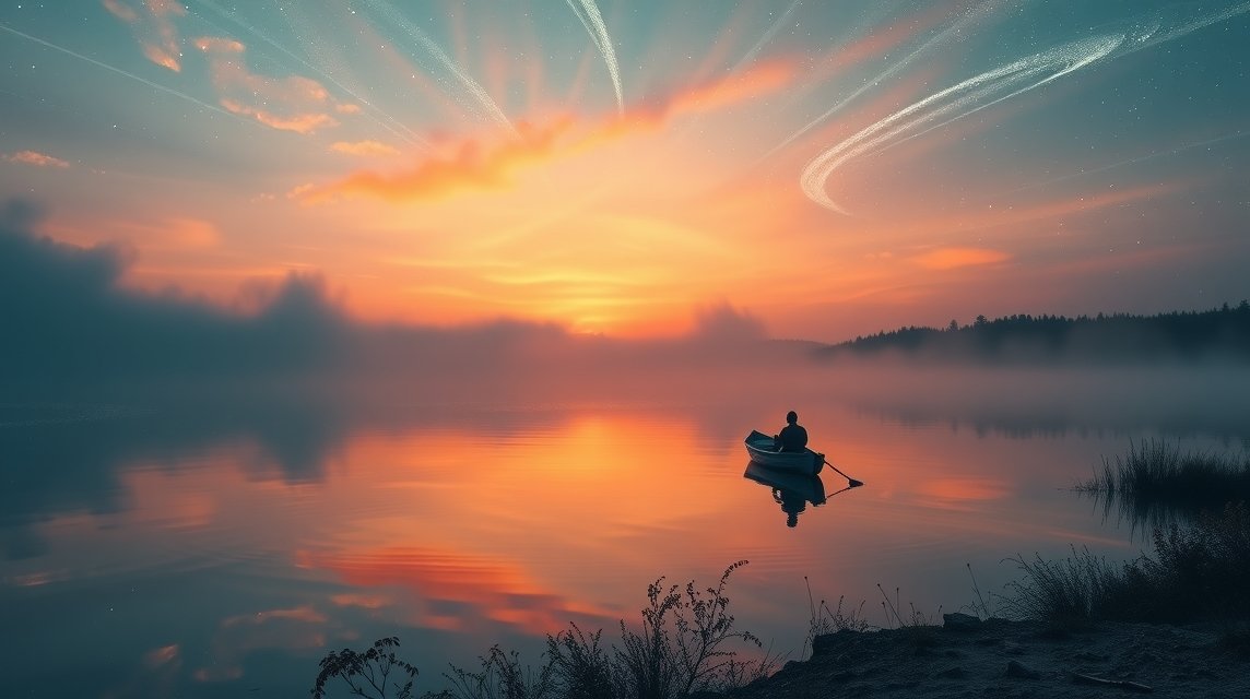 Halász álmodozik egy csónakból a naplementében.