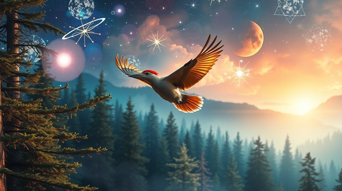 Harkály repülése varázslatos tájban, álomfejtés szimbolikájával.