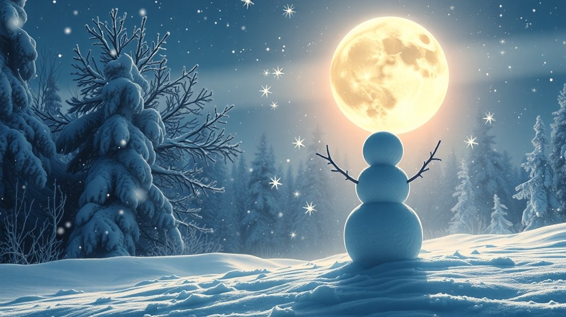 Hóember a telihold alatt havas tájon