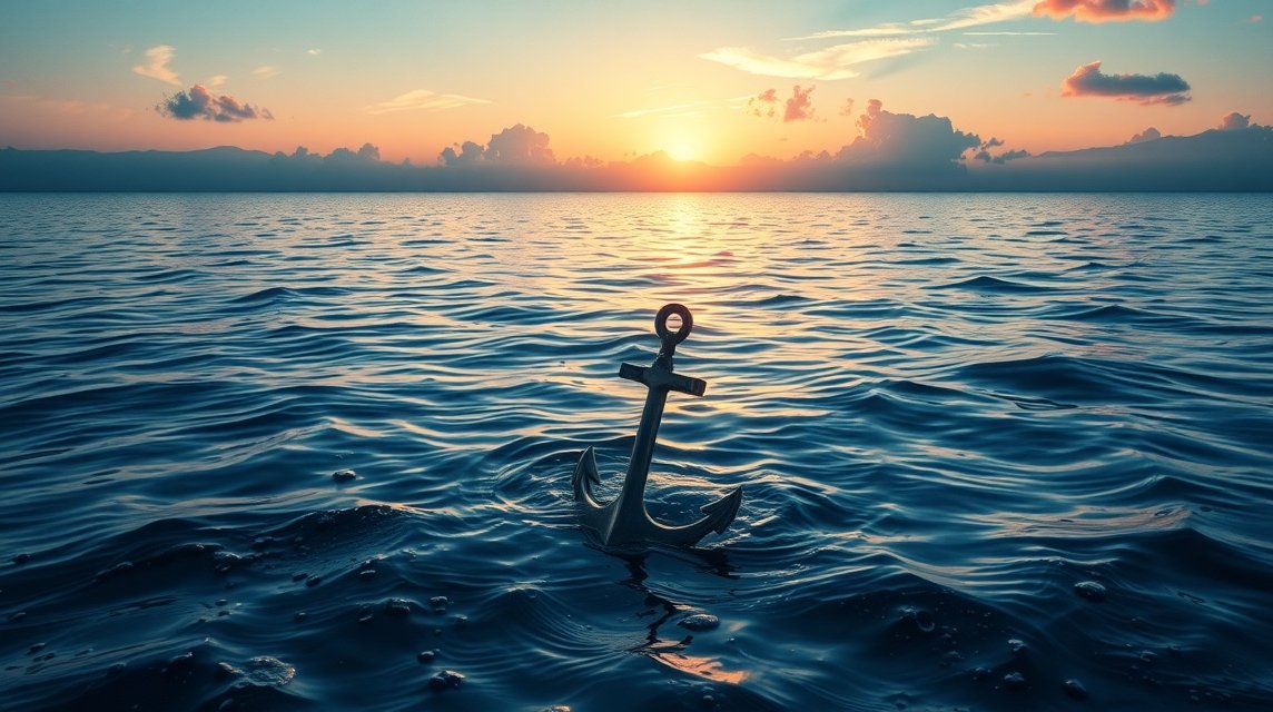 Egy horgony a vízfelszínen napnyugtakor