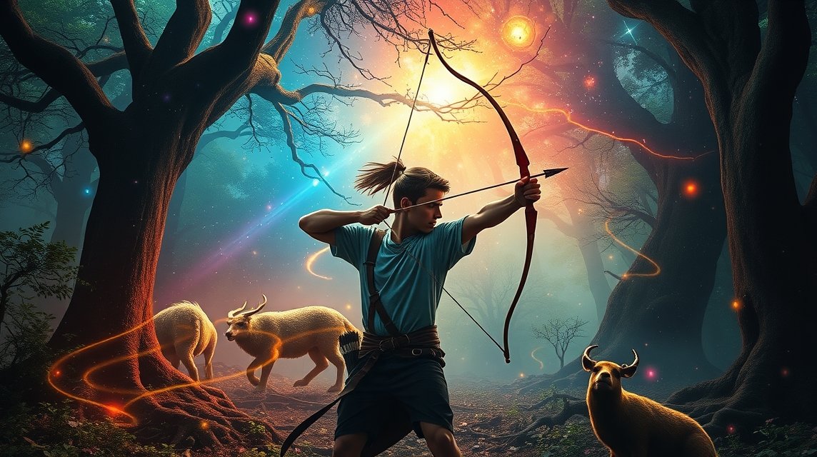 Íjász a varázslatos erdőben, vadon élő állatok körül.